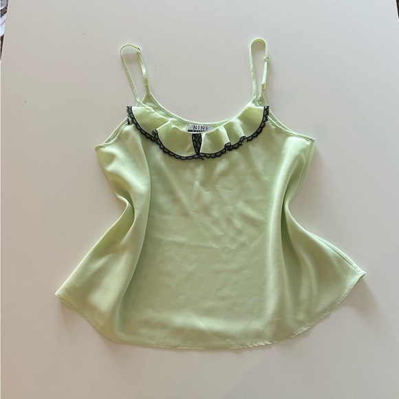 Vintage Y2K Light Green Black Lace Ruffle Cami Tank Top Coquette Twee S - Picture 1 of 6
